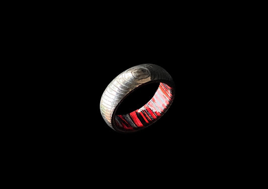 Hand-Forged Mokume Gane Damascus Ring with Black & Red Patterned Interior