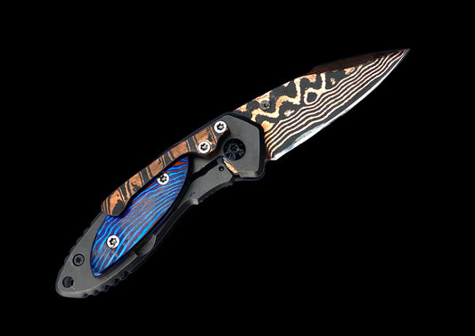 Hand-Forged Damascus Folding Knife with Blue Timascus/Mokuti Inlays – Custom EDC Pocket Knife