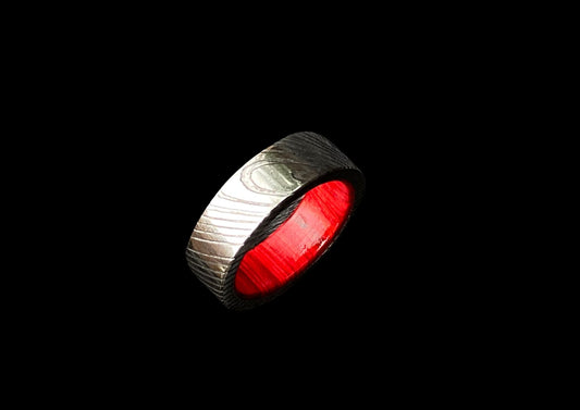 Hand-Forged Damascus Steel Ring with Red Wood/Resin Interior Inlay