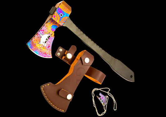 Hand Forged MokuTi Head Viking Axe with Black Coated TC4 Titanium — Limited Edition