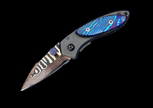 Hand-Forged Damascus Folding Knife with Blue Timascus/Mokuti Inlays – Custom EDC Pocket Knife