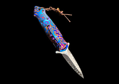 Hand-Forged Timascus Folding Knife – Colorful Damascus Blade Custom EDC Pocket Knife