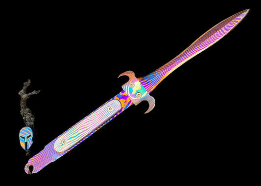 Rainbow Damascus Steel Fantasy Sword – Handmade Paracord Wrap with Skull Head, Patterned Blade & Handle