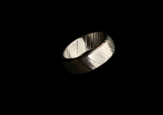 Hand-Forged Damascus Steel Ring – Linear Pattern Wide Band