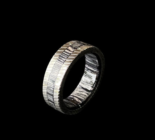 Rust-Free SS Damascus Ring with Wood Inlay & Outlay – Stainless Pattern-Welded Steel Band