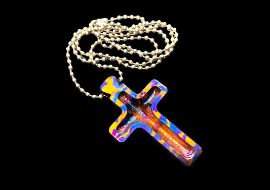 Hand Forged Timascus Deep Carry Cross Pendant Necklace