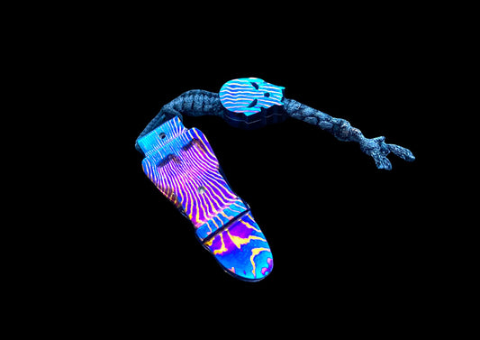 Hand-Forged Mokuti Timascus EDC Pocket Tool with Skull Bead & Paracord Lanyard