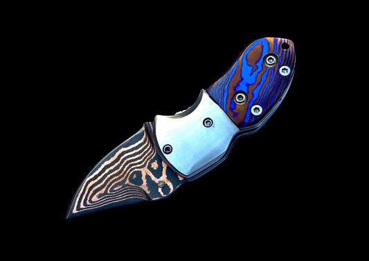 Mokuti Titanium Damascus Folding Knife - Damascus Steel Blade - Handmade EDC Pocket Knife