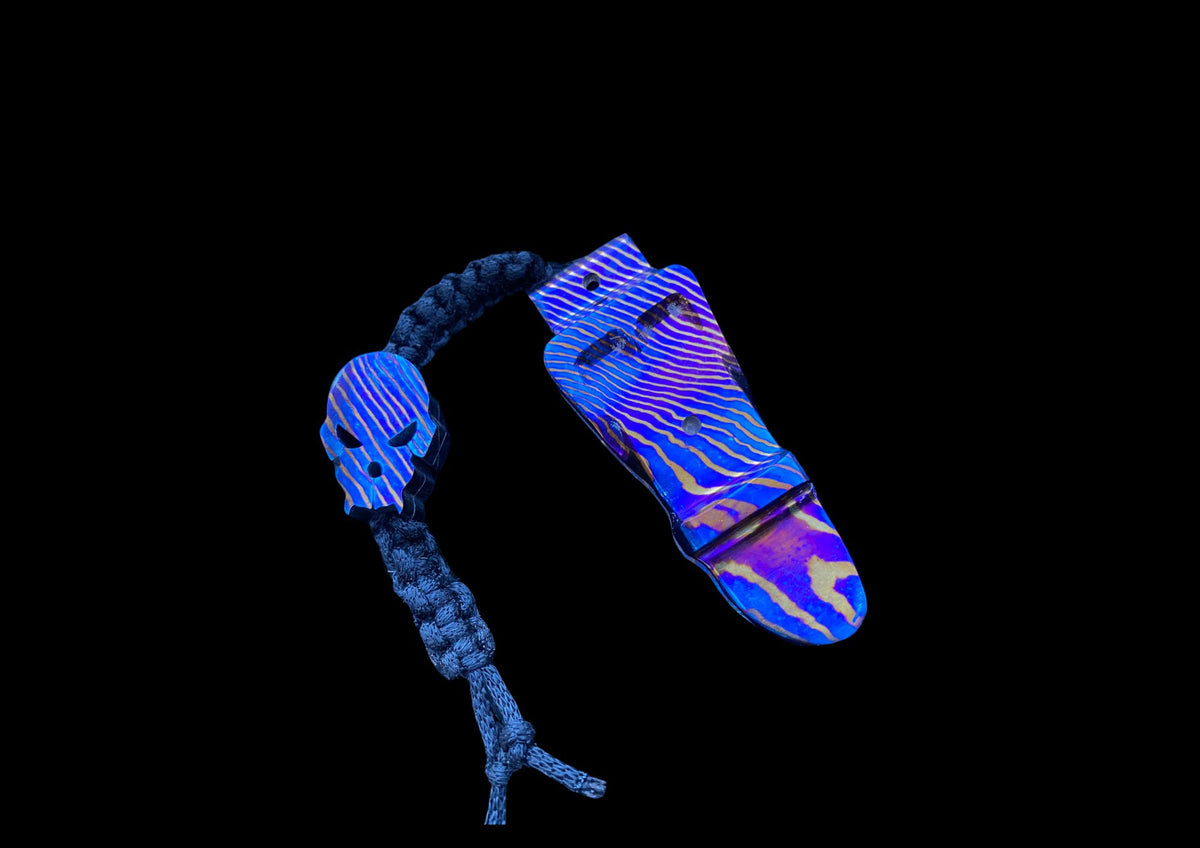 Hand-Forged Mokuti Timascus EDC Pocket Tool with Skull Bead & Paracord Lanyard