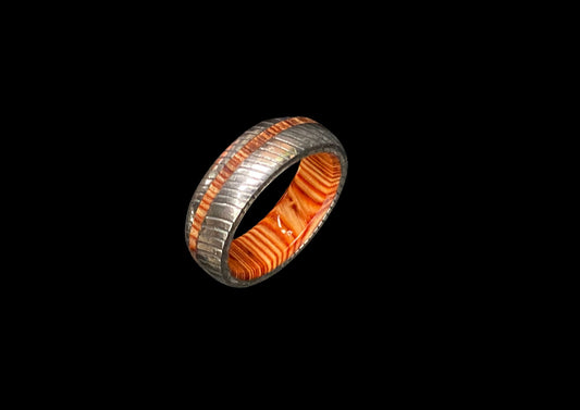 Handmade Stainless Steel Ring with Orange Inlay - Unique Patterned Statement Band