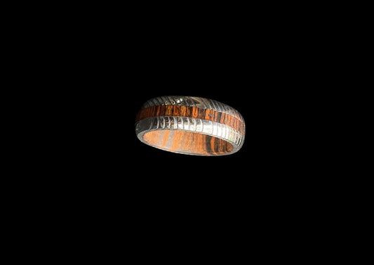 Rust-Free SS Damascus Ring with Wood Inlay & Outlay - Handcrafted Stainless Steel & Wood Band