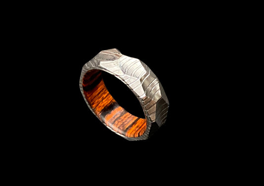Hand-Forged Damascus Steel Ring with Orange Wood Inlay