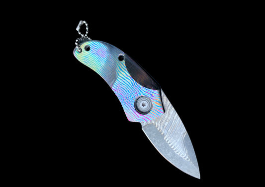 Hand-Forged Timascus & Damascus Folding Knife – Colorful Titanium Damascus Handle EDC Pocket Knife