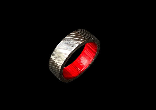 Hand-Forged Damascus Steel Ring with Red Wood/Resin Interior Inlay