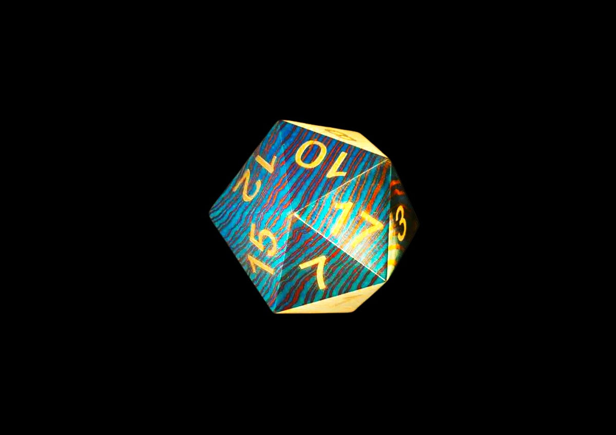 Hand Forged Timascus D20 Dice — Titanium Damascus 20-Sided RPG Gaming Die