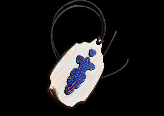 Mokuti Titanium Damascus Necklace – Blue & Gold Timascus Pendant | Handmade Titanium Jewelry