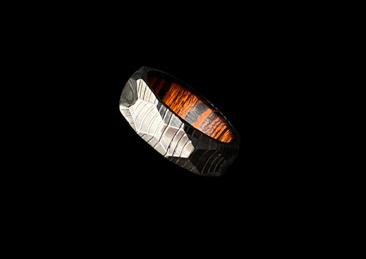 Hand-Forged Damascus Steel Ring with Orange Wood Inlay
