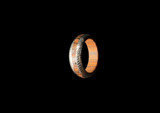 Rust-Free SS Damascus Ring with Wood Inlay & Outlay - Handcrafted Stainless Steel & Wood Band