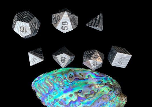 Hand-Forged Stainless Damascus DnD 7-Piece Dice Set – Pattern-Welded Metal Polyhedral RPG Dice