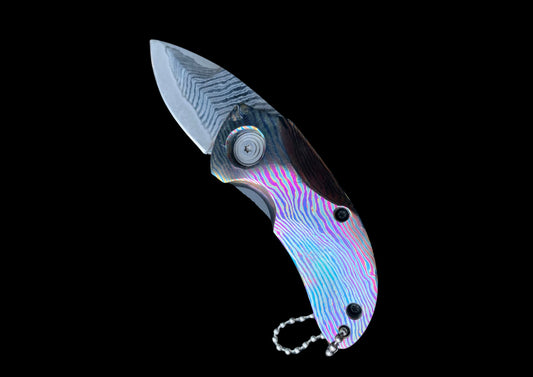 Hand-Forged Timascus & Damascus Folding Knife – Colorful Titanium Damascus Handle EDC Pocket Knife