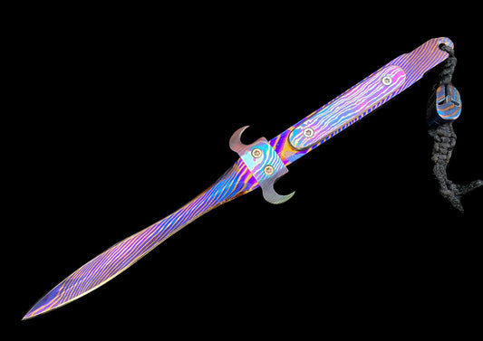Rainbow Damascus Steel Fantasy Sword – Handmade Paracord Wrap with Skull Head, Patterned Blade & Handle