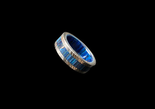 Hand-Forged Blue Timascus Titanium Damascus Ring – Patterned Silver Edge Band