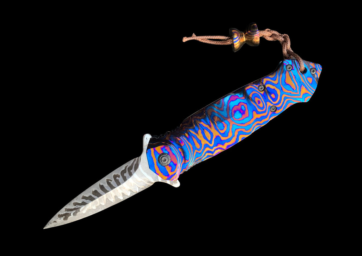 Hand-Forged Timascus Folding Knife – Colorful Damascus Blade Custom EDC Pocket Knife