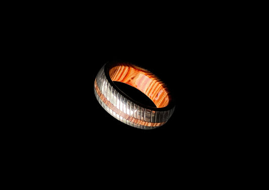 Handmade Stainless Steel Ring with Orange Inlay - Unique Patterned Statement Band