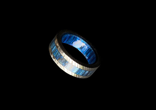 Hand-Forged Blue Timascus Titanium Damascus Ring – Patterned Silver Edge Band