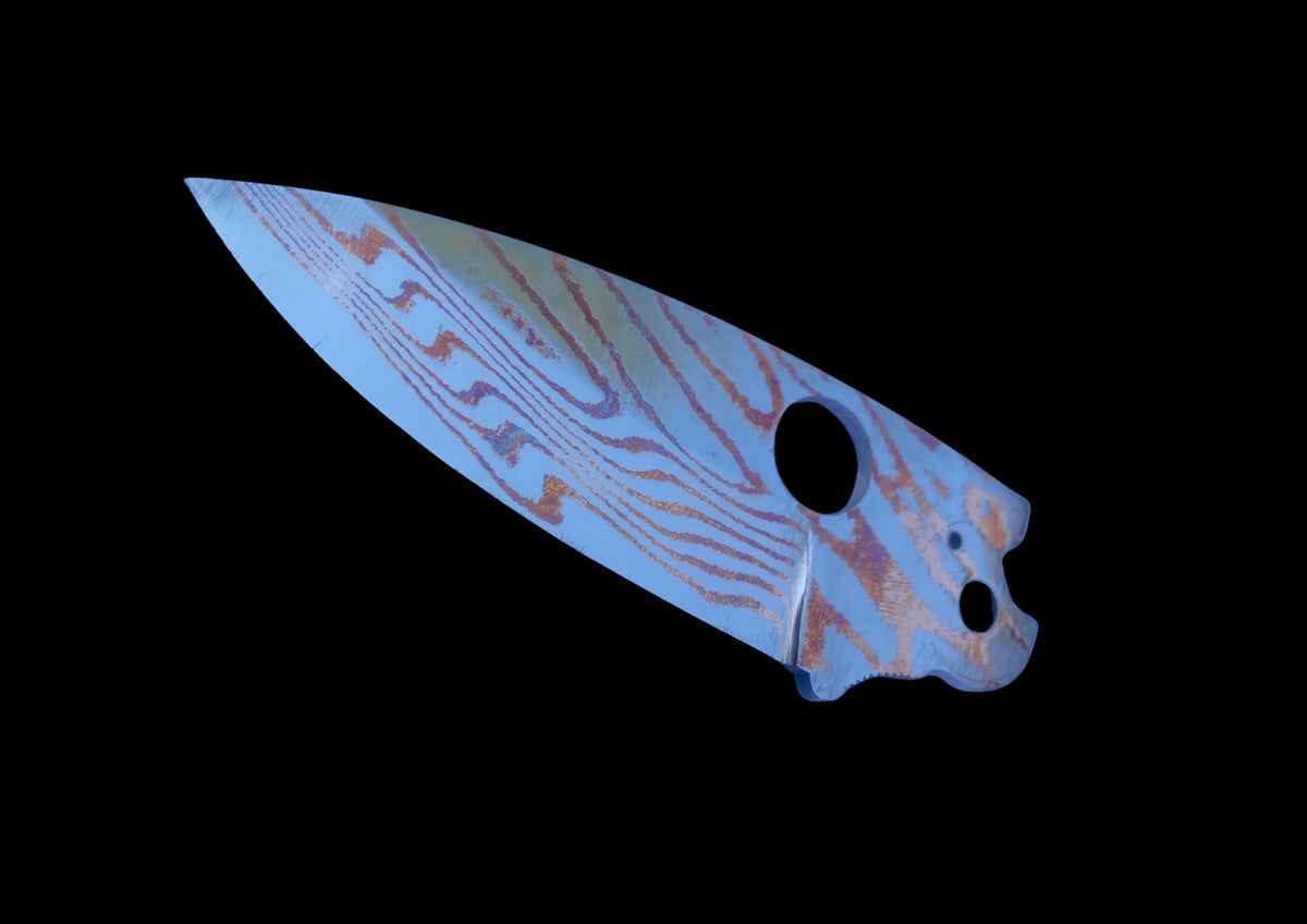 Custom Mokuti Titanium Damascus Replacement Blade for Spyderco Paramilitary 2 PM2 – Blue Copper Pattern