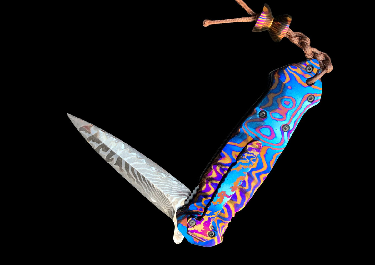 Hand-Forged Timascus Folding Knife – Colorful Damascus Blade Custom EDC Pocket Knife