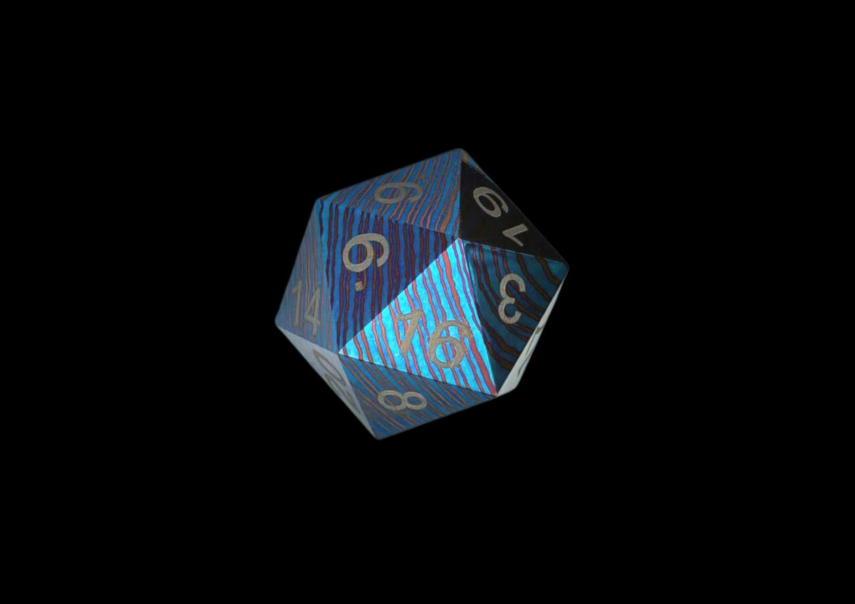 Hand Forged Timascus D20 Dice — Titanium Damascus 20-Sided RPG Gaming Die