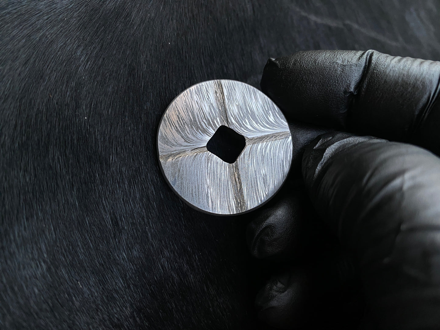 Hand Forged Timascus Worry Coin – Feather Pattern