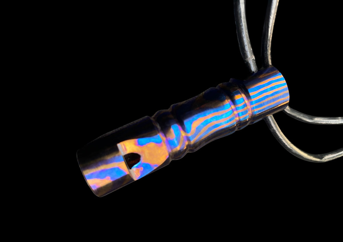 Hand-Forged Mokuti Titanium Damascus EDC Whistle