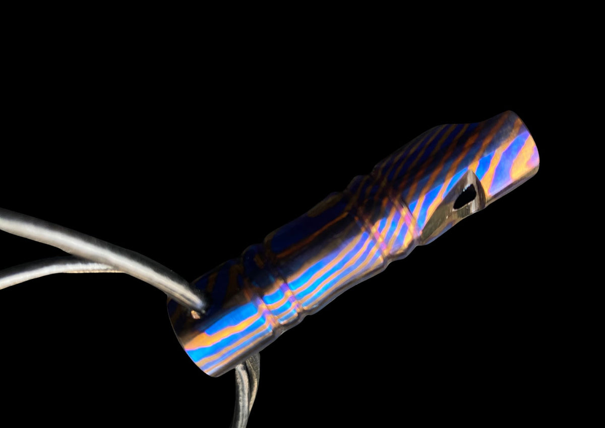 Hand-Forged Mokuti Titanium Damascus EDC Whistle