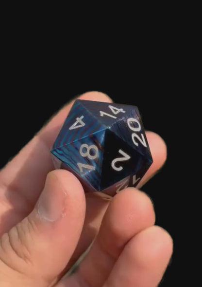 Hand Forged Timascus D20 Dice — Titanium Damascus 20-Sided RPG Gaming Die